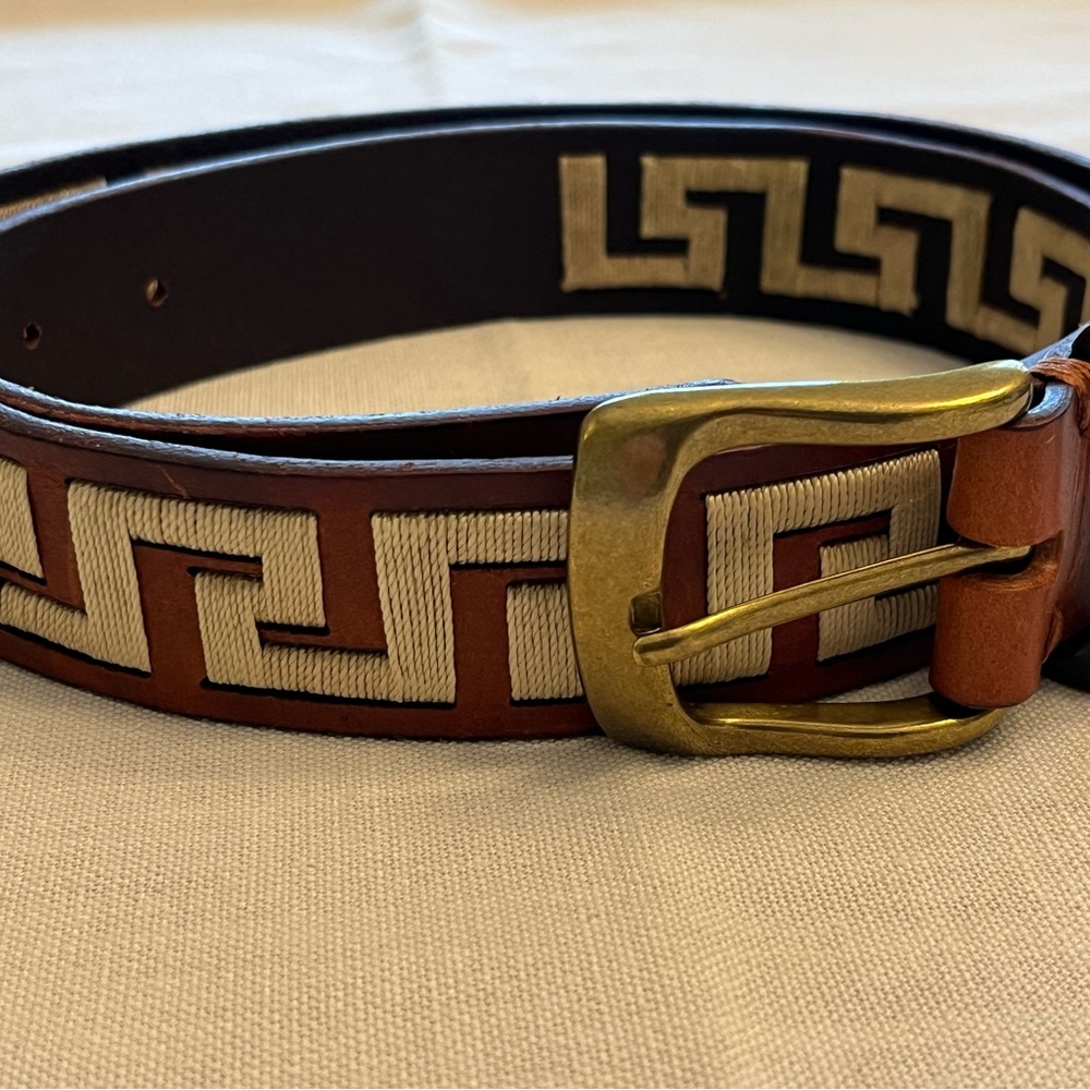 J.McLaughlin Leather Belt Caerus Needlepoint 34 Brown Greek Key Gold Tone Buckle